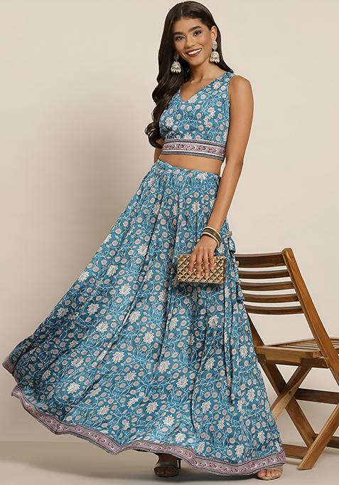 Blue Digital Printed Silk Lehenga Set — view on Indya