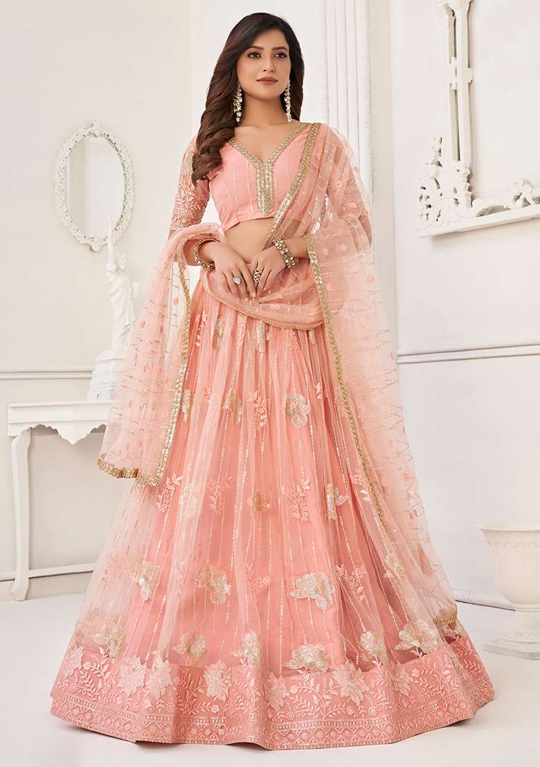 Peach Thread Butterfly Net Lehenga Set with Embroidered for Diwali | Wedding & Festive Wear - Indya