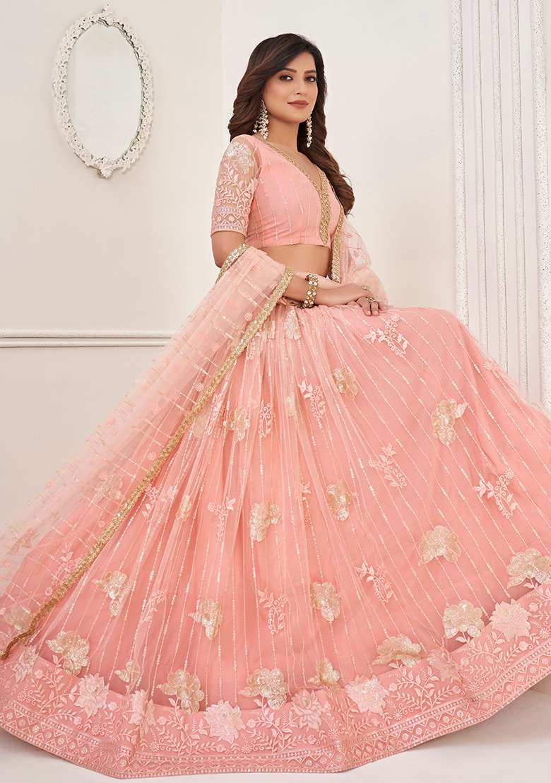 Peach Thread Butterfly Net Lehenga Set with Embroidered for Diwali | Wedding & Festive Wear - Indya