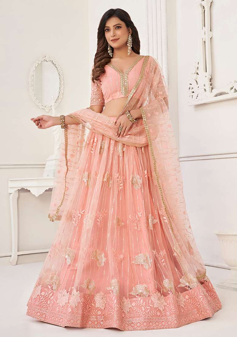 Peach Thread Butterfly Net Lehenga Set with Embroidered for Diwali | Wedding & Festive Wear - Indya