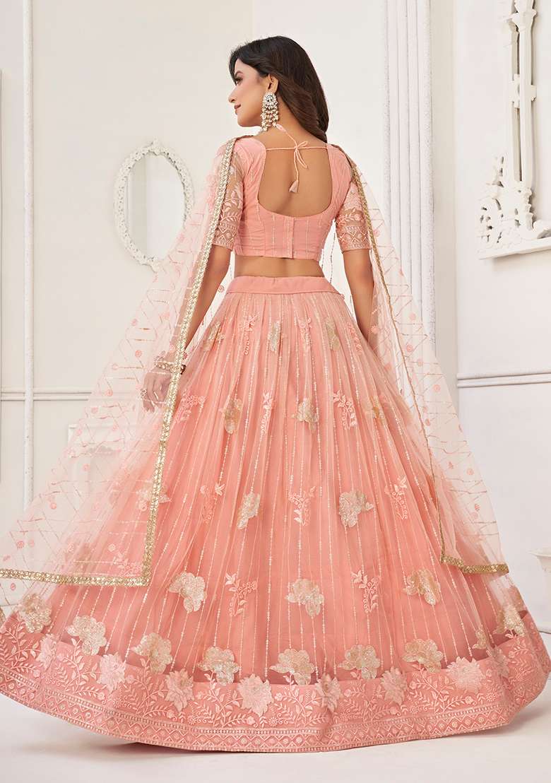 Peach Thread Butterfly Net Lehenga Set with Embroidered for Diwali | Wedding & Festive Wear - Indya