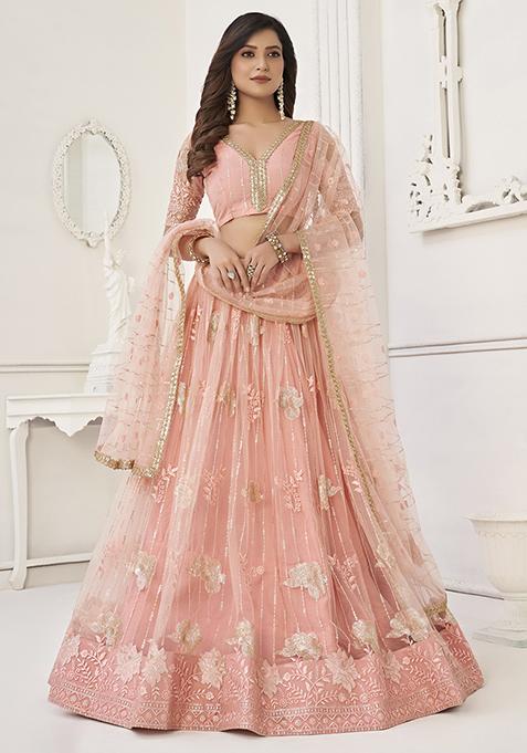 Peach Thread Embroidered Butterfly Net Lehenga Set