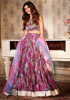Grey Printed Silk Blend Lehenga Set