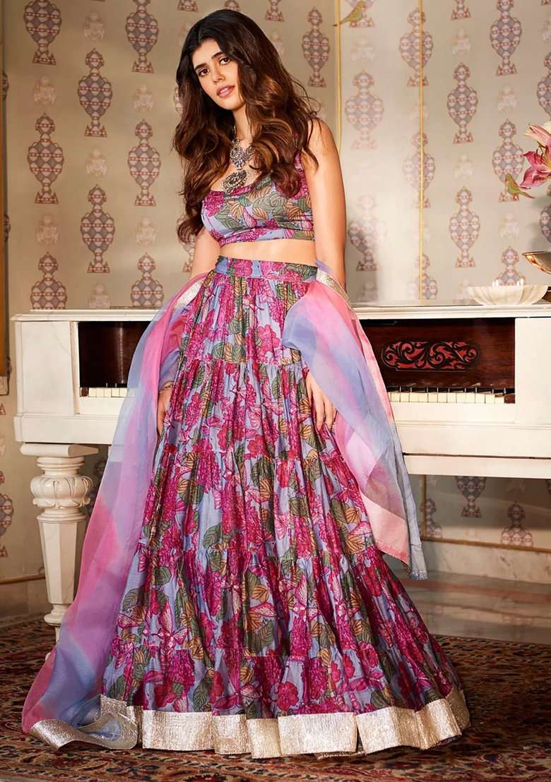 Grey Printed Silk Blend Lehenga Set for Diwali and Festive Wear - Indya