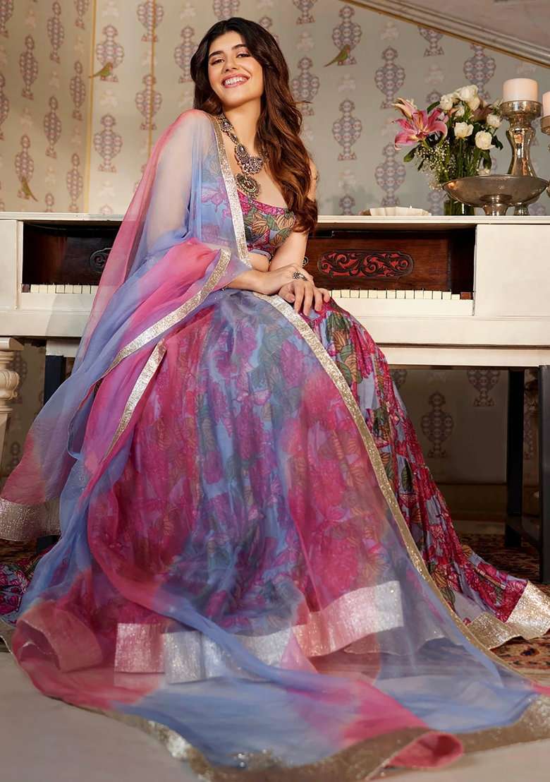 Grey Printed Silk Blend Lehenga Set for Diwali and Festive Wear - Indya