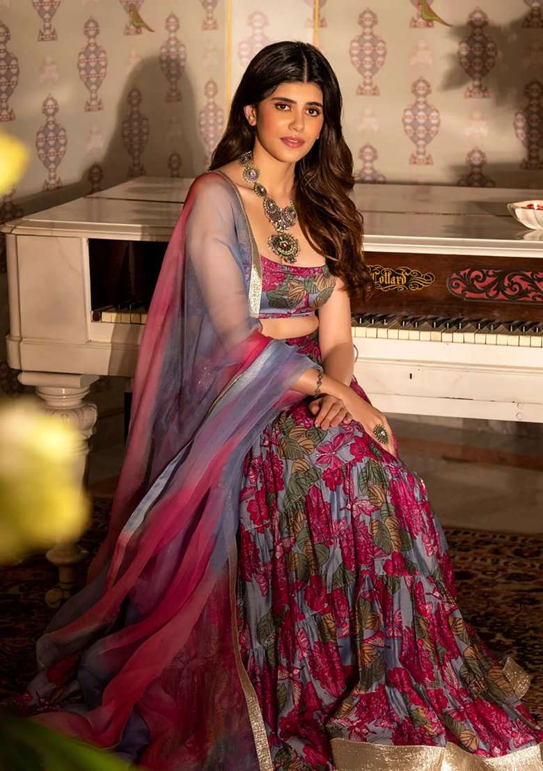 Grey Printed Silk Blend Lehenga Set for Diwali and Festive Wear - Indya