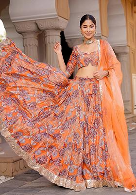 Orange Printed Silk Blend Lehenga Set