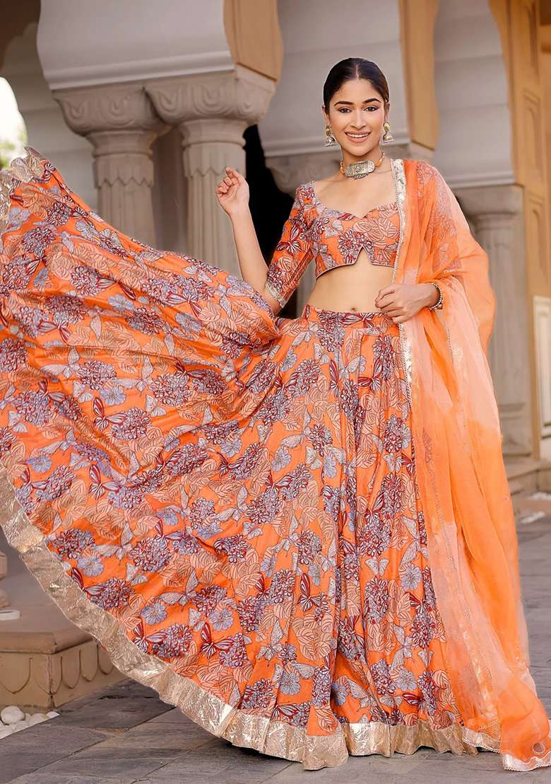 Orange Silk Blend Lehenga Set with Printed for Diwali | Wedding & Festive Wear - Indya