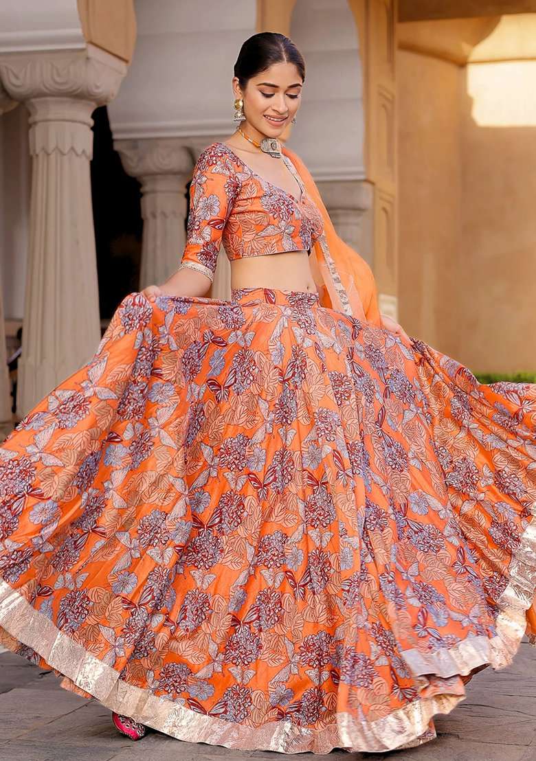 Orange Silk Blend Lehenga Set with Printed for Diwali | Wedding & Festive Wear - Indya