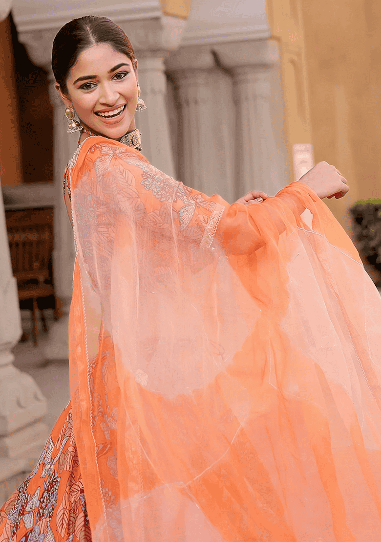 Orange Silk Blend Lehenga Set with Printed for Diwali | Wedding & Festive Wear - Indya