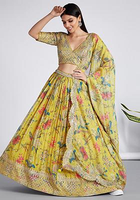 Yellow Printed Georgette Lehenga Set