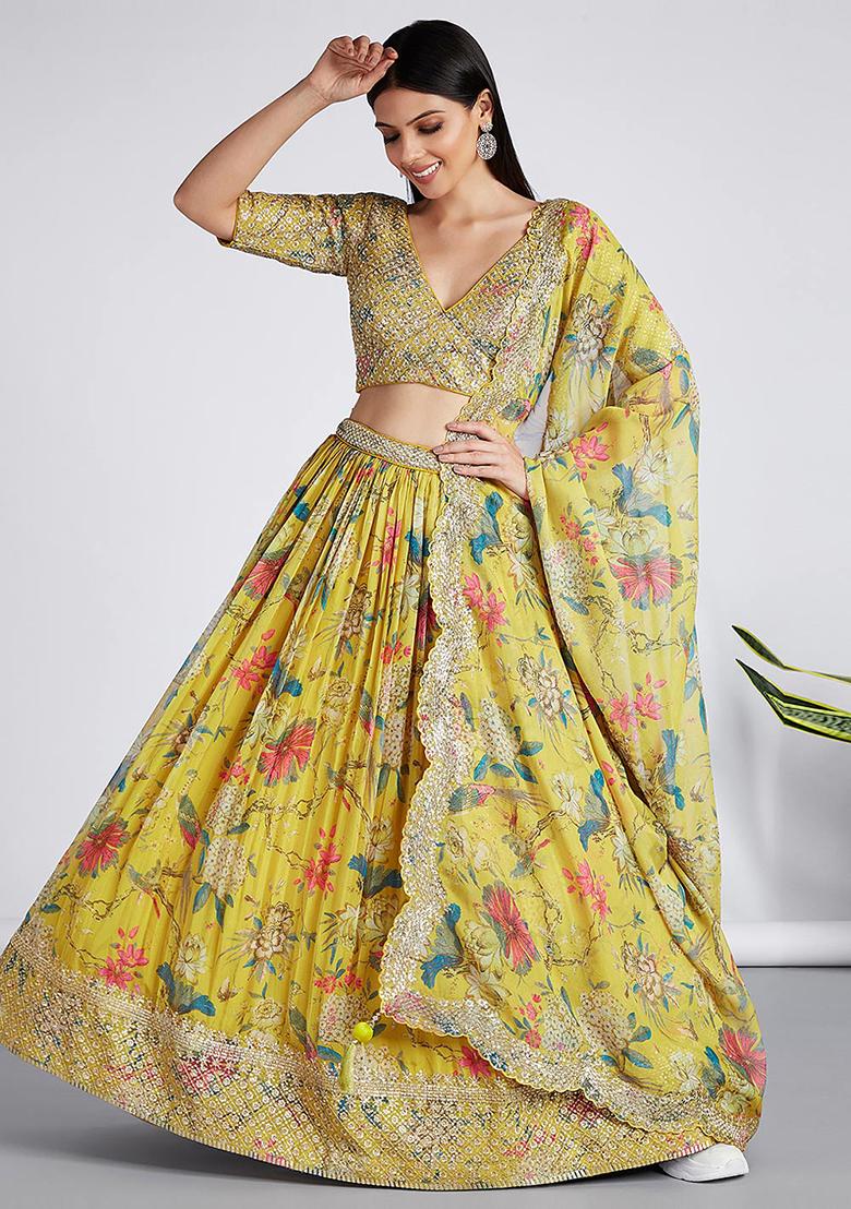 Yellow Printed Georgette Lehenga Set