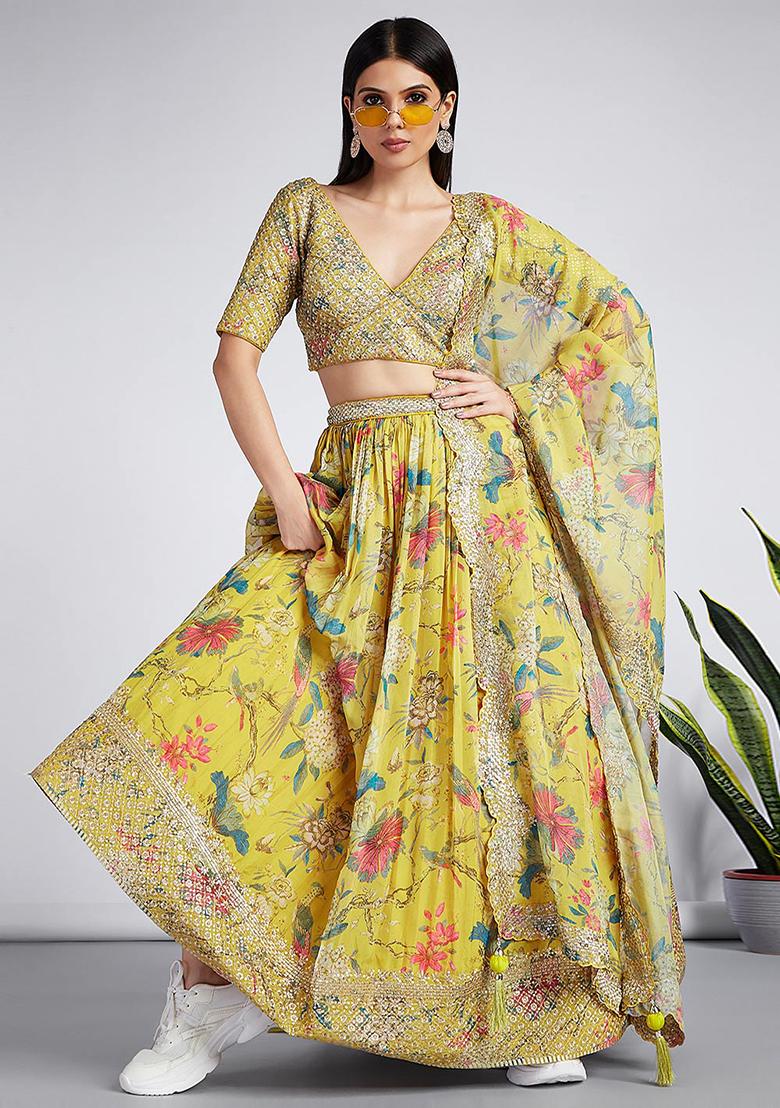 Yellow Printed Georgette Lehenga Set