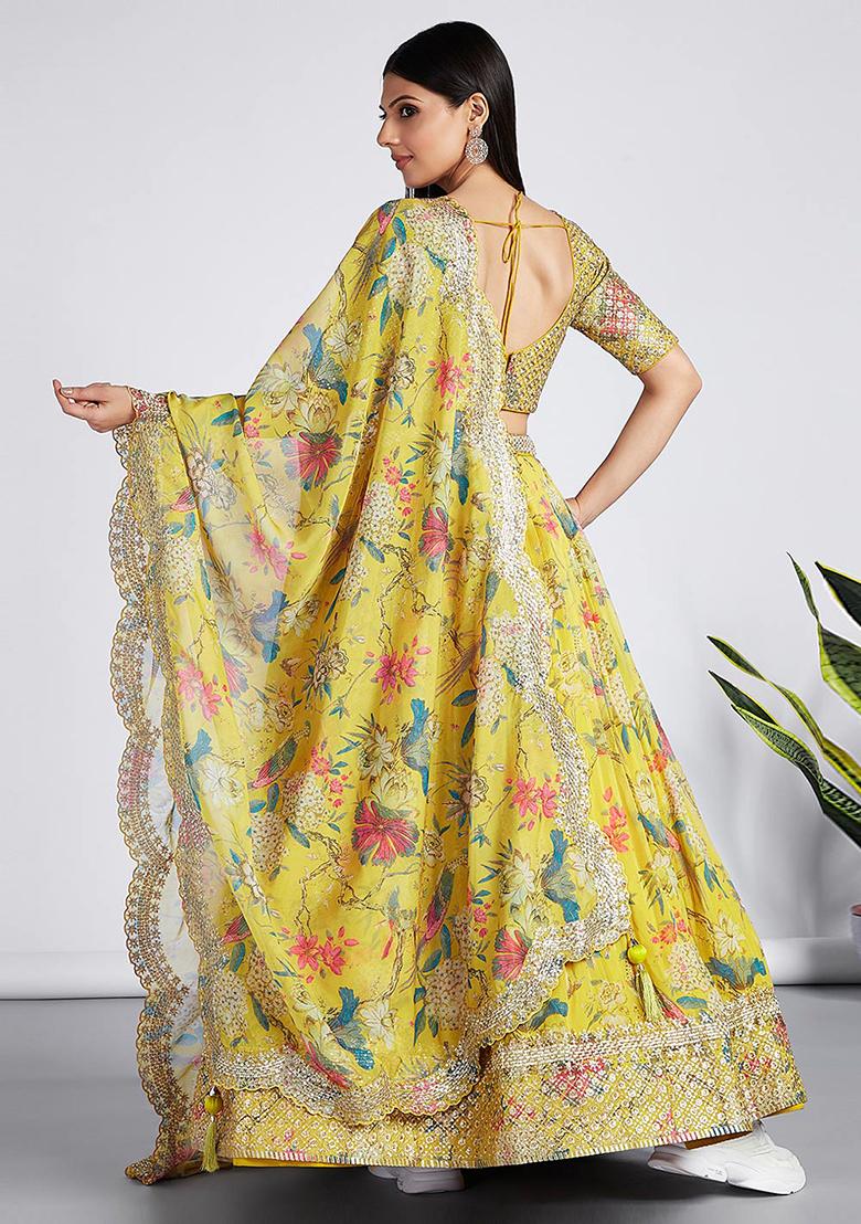 Yellow Printed Georgette Lehenga Set