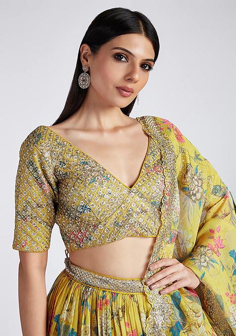 Yellow Printed Georgette Lehenga Set