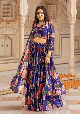 Blue Floral Print Georgette Lehenga Set