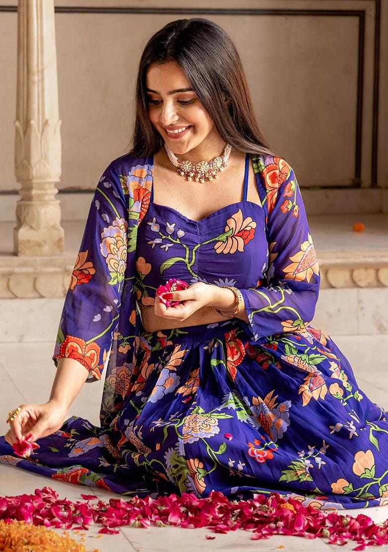 Blue Floral Print Georgette Lehenga Set
