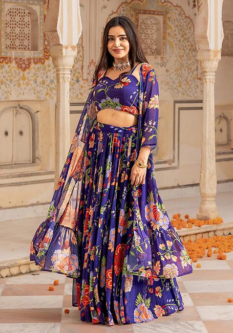 Blue Floral Print Georgette Lehenga Set