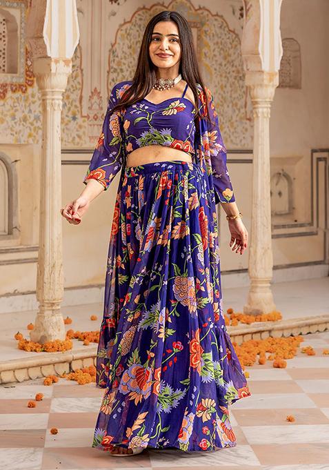 Blue Floral Print Georgette Lehenga Set