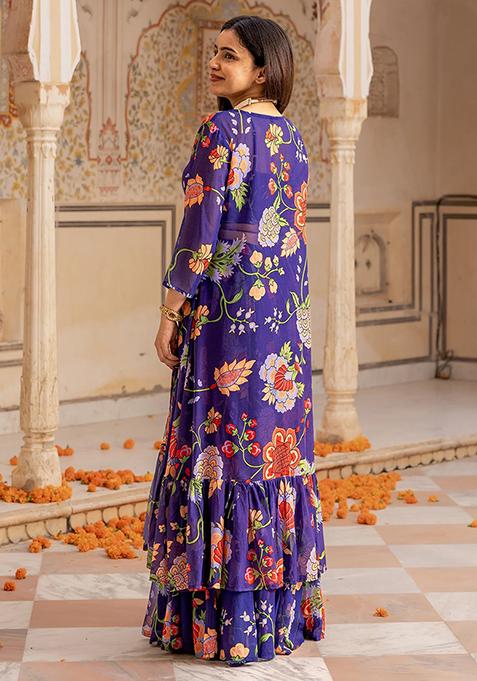 Blue Floral Print Georgette Lehenga Set