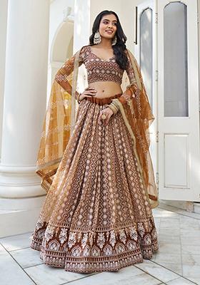 Brown Sequin Zari Embroidered Butterfly Net Lehenga Set