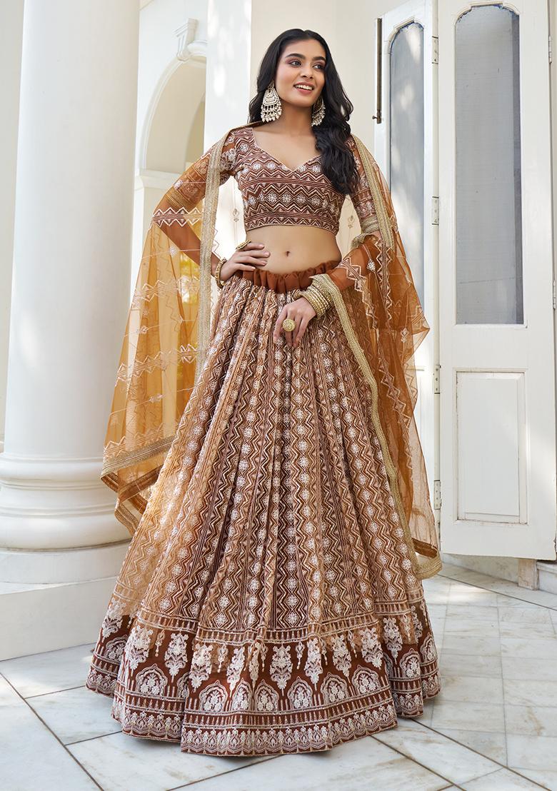 Brown Sequin Zari Embroidered Butterfly Net Lehenga Set