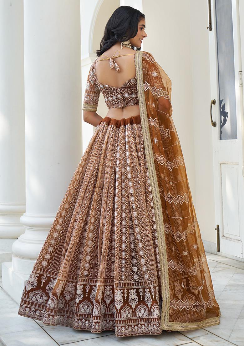 Brown Sequin Zari Embroidered Butterfly Net Lehenga Set - Indya