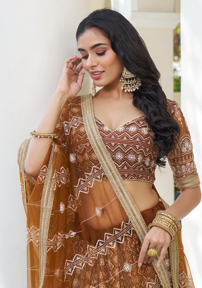 Brown Sequin Zari Embroidered Butterfly Net Lehenga Set