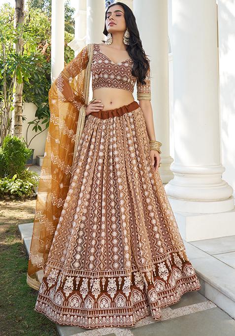 Brown Sequin Zari Embroidered Butterfly Net Lehenga Set