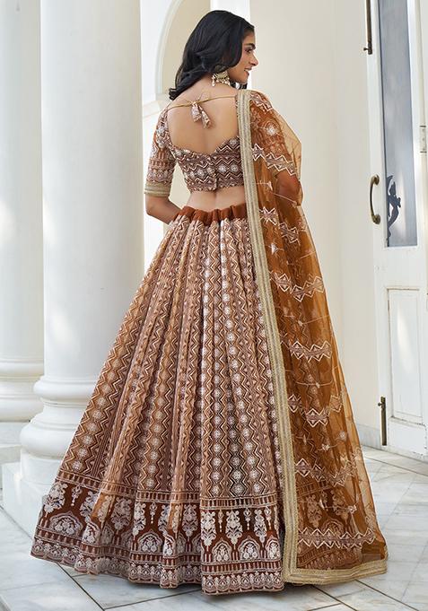 Brown Sequin Zari Embroidered Butterfly Net Lehenga Set