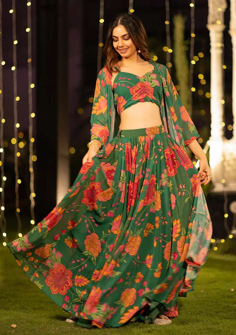 Orange Floral Print Georgette Lehenga Set - Indya