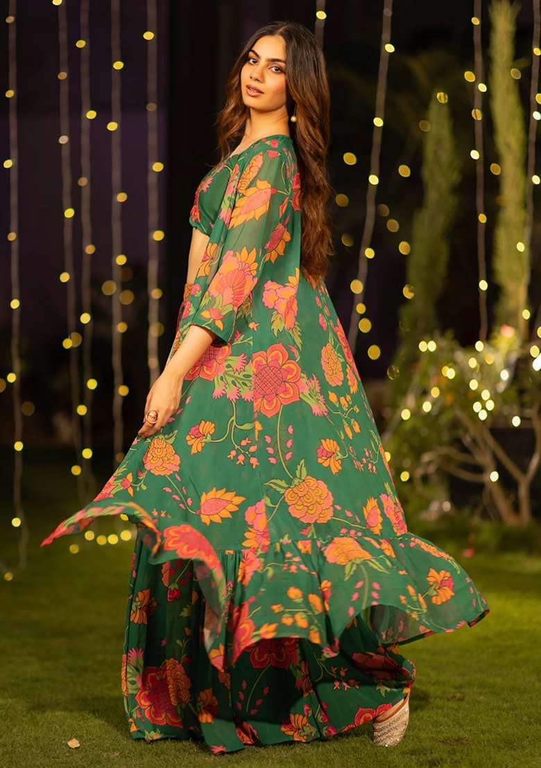 Orange Floral Print Georgette Lehenga Set - Indya