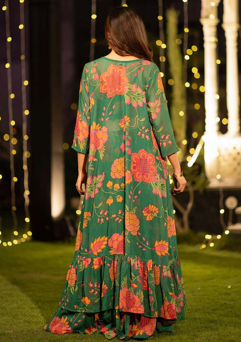 Orange Floral Print Georgette Lehenga Set - Indya