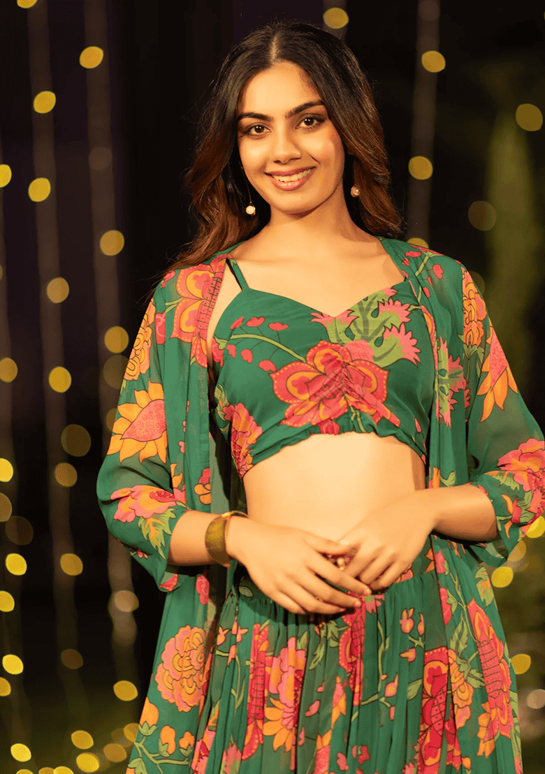 Orange Floral Print Georgette Lehenga Set - Indya