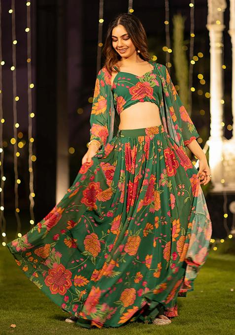 Orange Floral Print Georgette Lehenga Set — view on Indya