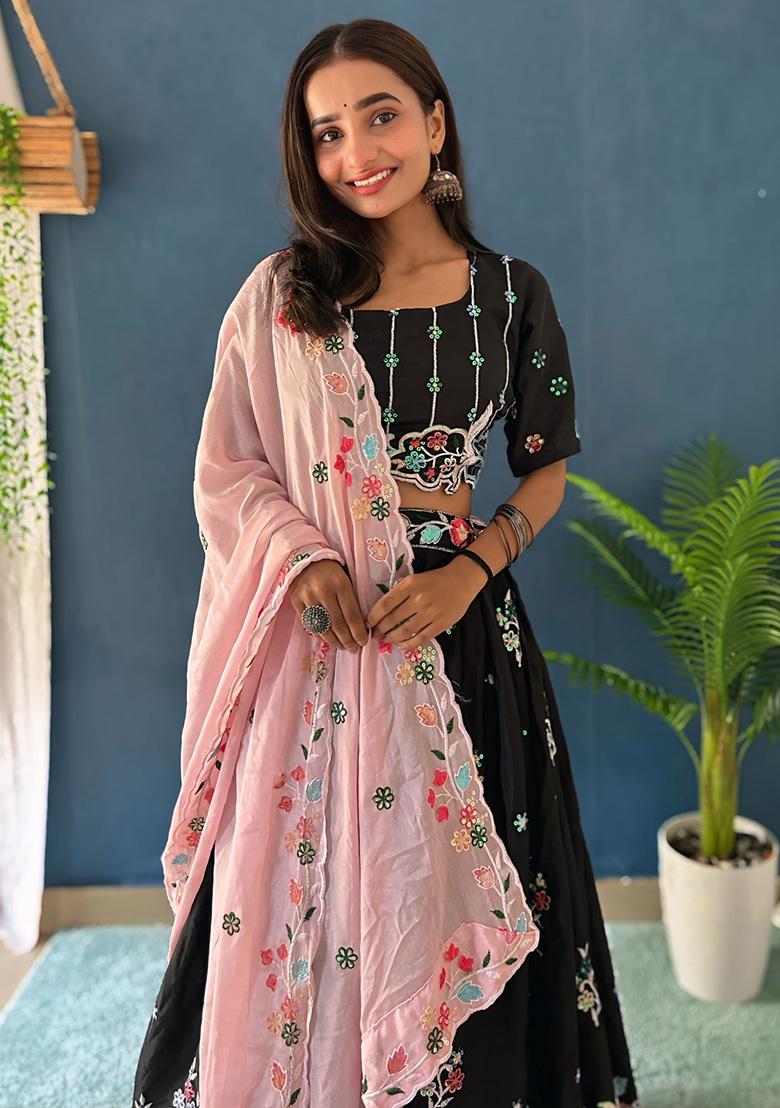 Black Thread Work Chinon Lehenga Set With Dupatta - Indya