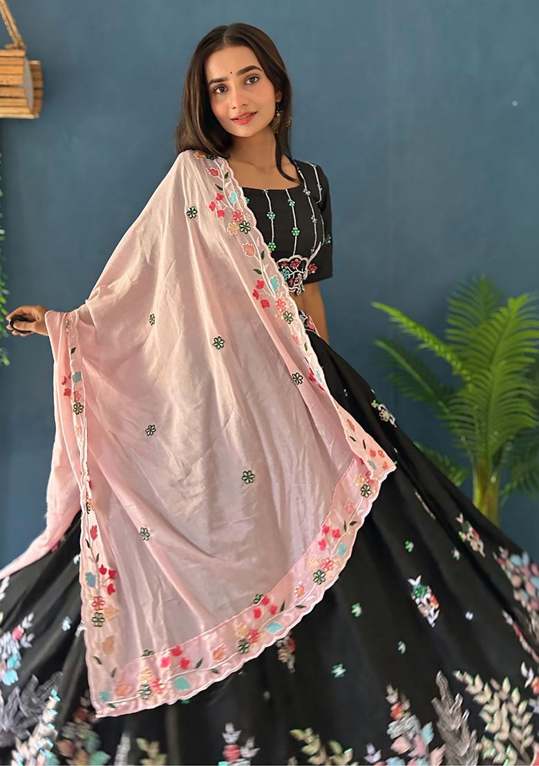 Black Thread Work Chinon Lehenga Set With Dupatta - Indya