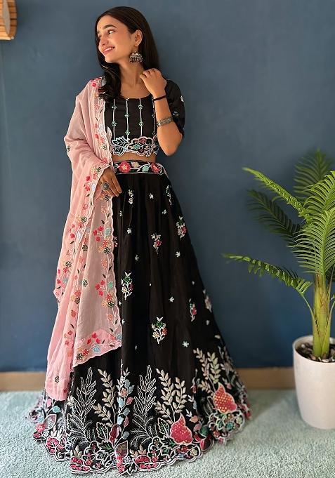 Black Thread Work Chinon Lehenga Set With Dupatta
