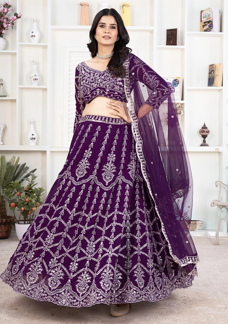 Purple Sequence Embroidery Georgette Lehenga Set With Dupatta - Indya