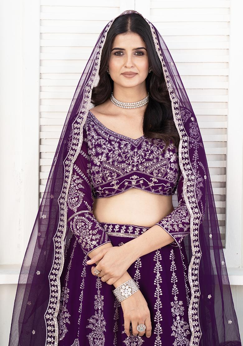Purple Sequence Embroidery Georgette Lehenga Set With Dupatta - Indya