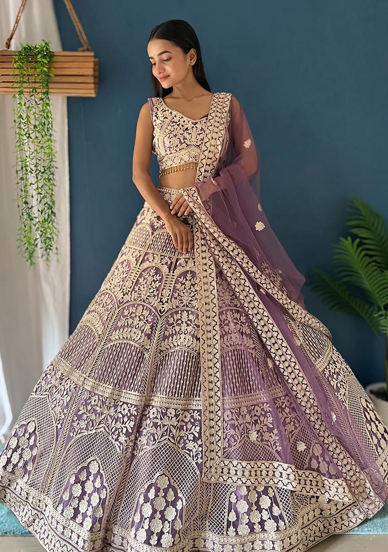 Purple Sequence Embroidery Silk Lehenga Set With Dupatta - Indya