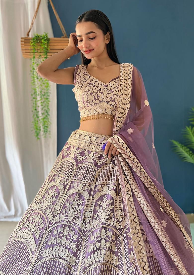 Purple Sequence Embroidery Silk Lehenga Set With Dupatta - Indya