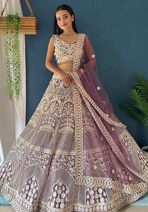 Purple Sequence Embroidery Silk Lehenga Set With Dupatta
