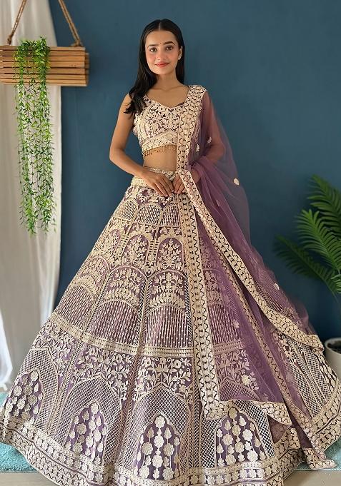 Purple Sequence Embroidery Silk Lehenga Set With Dupatta