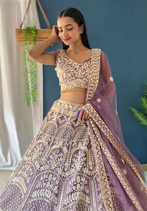 Purple Sequence Embroidery Silk Lehenga Set With Dupatta