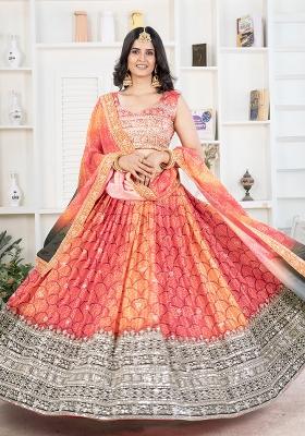 Red Sequence Embroidery Chinon Lehenga Set With Dupatta