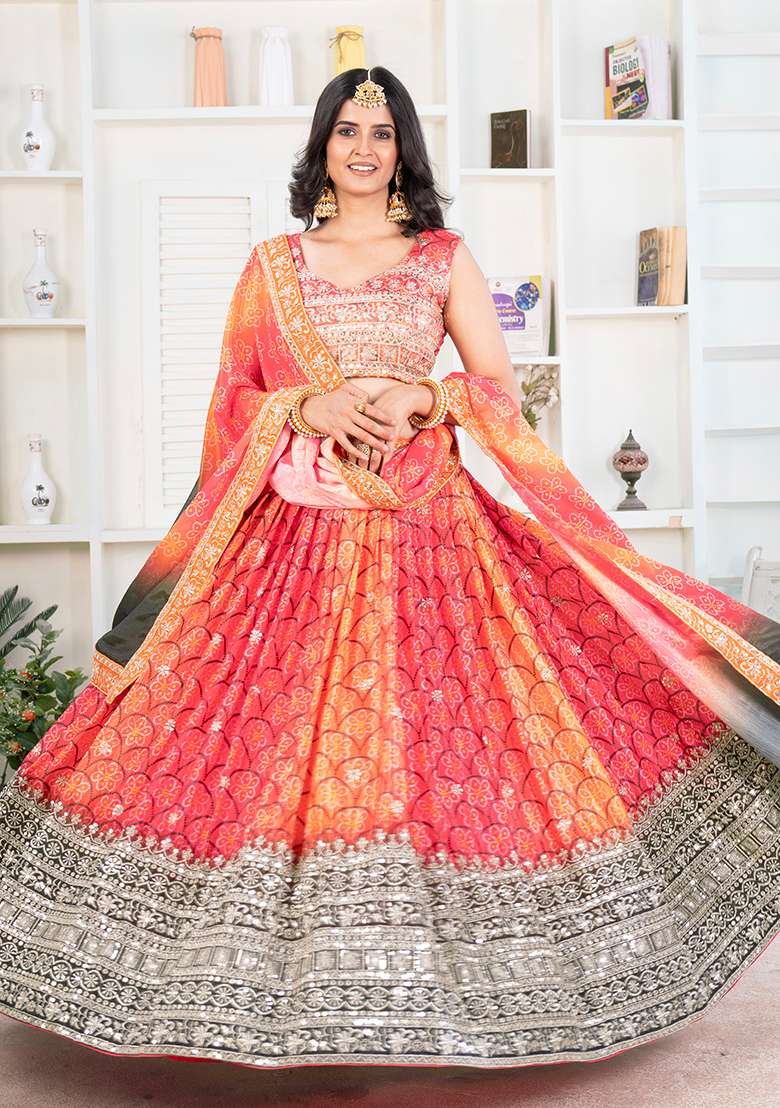Red Sequence Embroidery Chinon Lehenga Set With Dupatta for Diwali and Festive Wear - Indya
