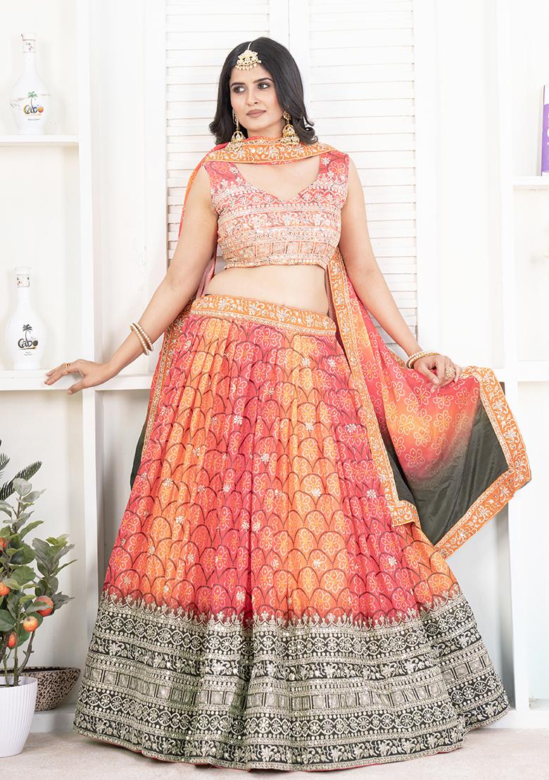 Red Sequence Embroidery Chinon Lehenga Set With Dupatta - Indya