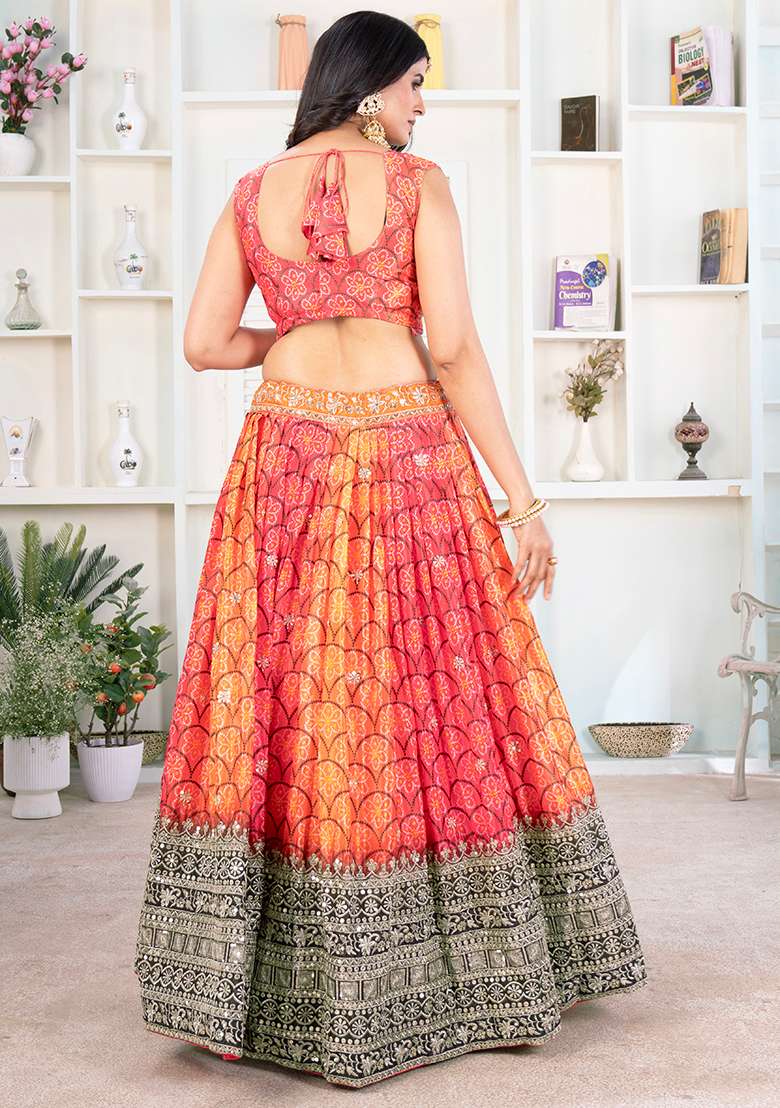 Red Sequence Embroidery Chinon Lehenga Set With Dupatta for Diwali and Festive Wear - Indya