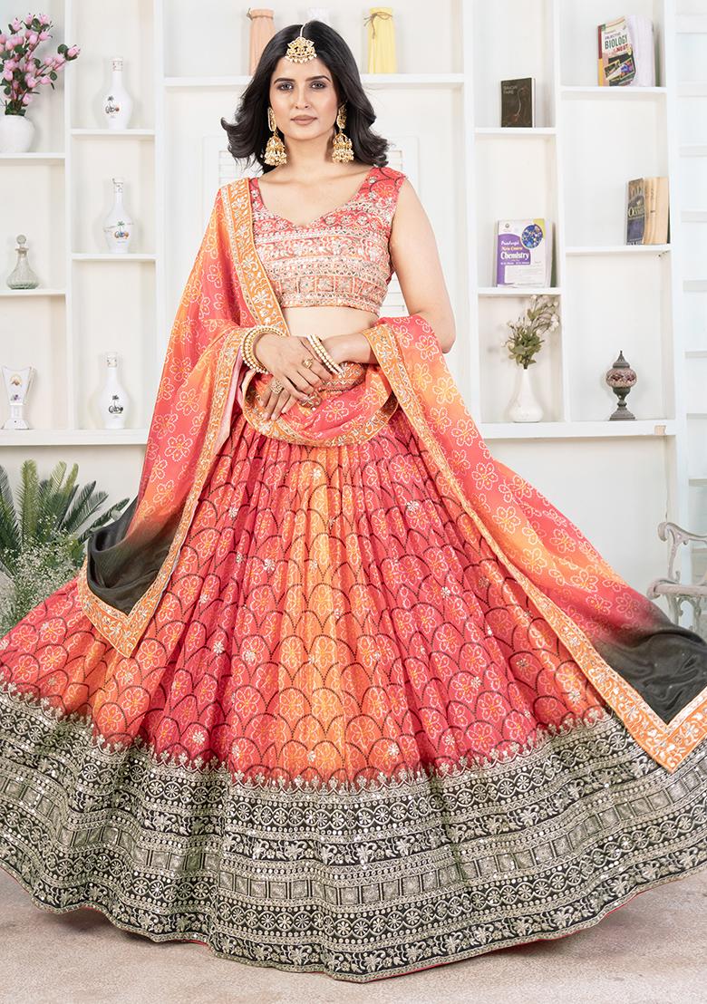 Red Sequence Embroidery Chinon Lehenga Set With Dupatta - Indya